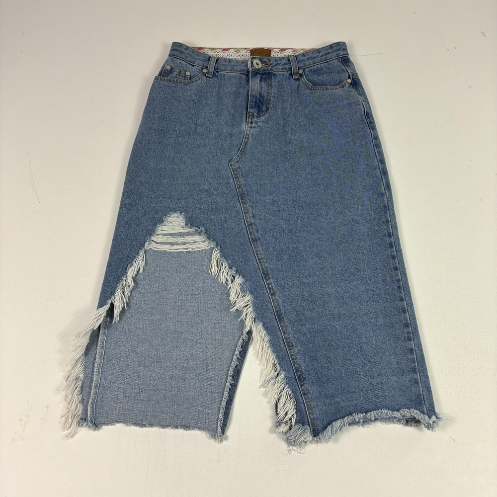 Anthropologie POL Skirt Womens Medium Blue Denim Wrap Distressed Frayed Midi
